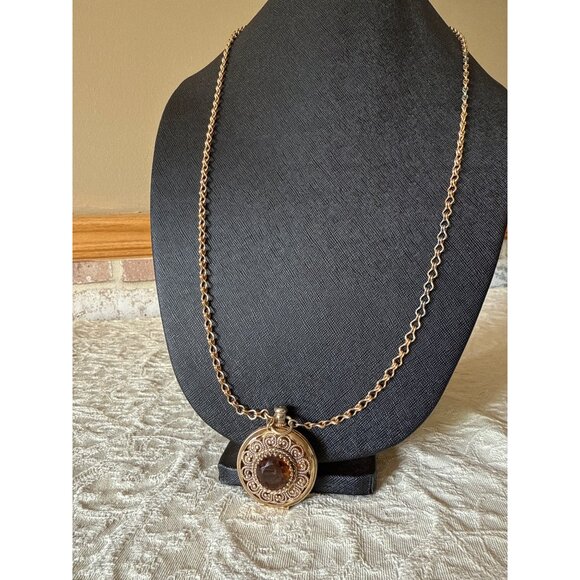 Avon Vintage Gold-Tone Locket Necklace With Brown Gemstone Pendant - Picture 2 of 16